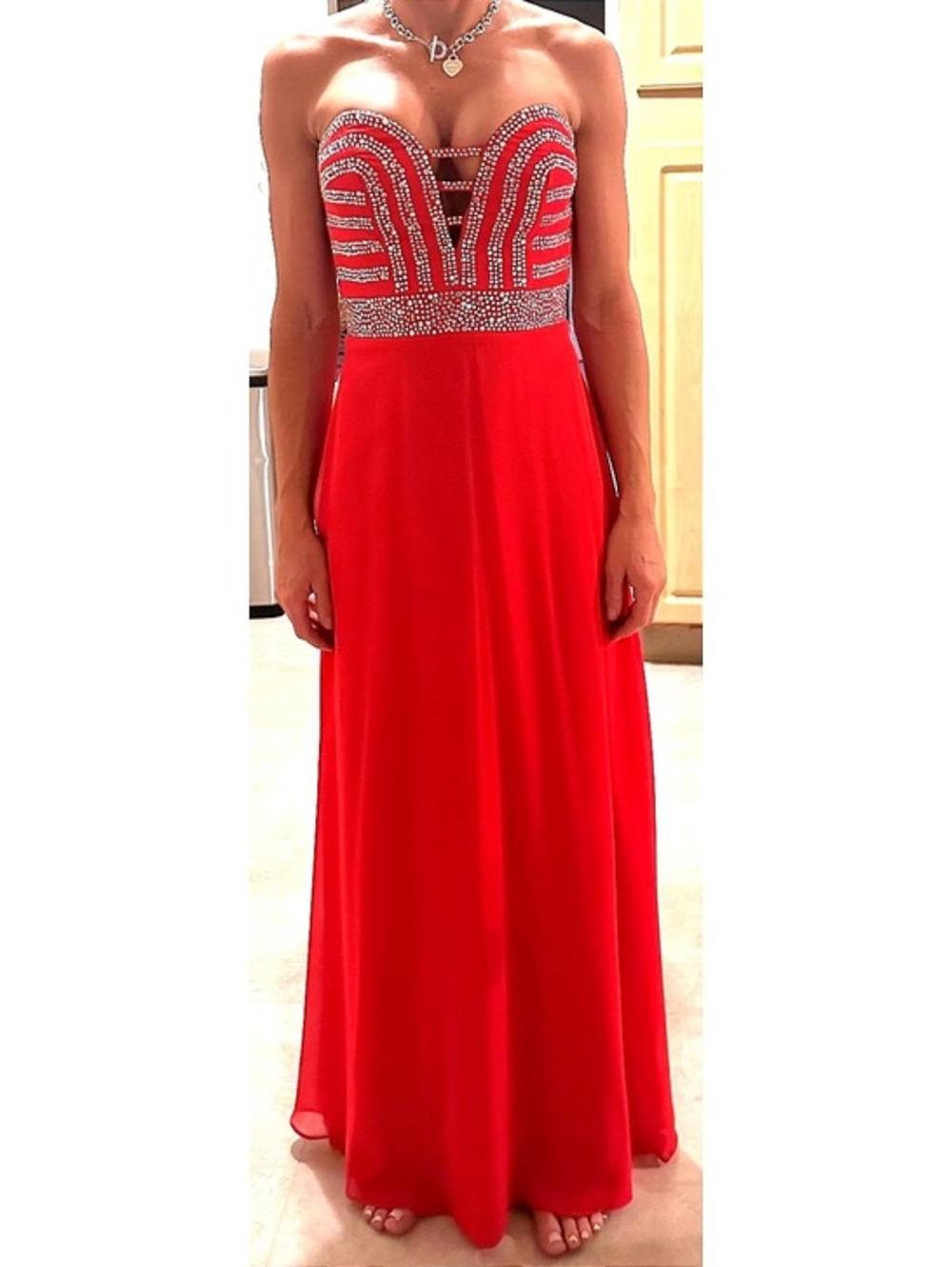 Blondie Nites by Tony Bowls Red Beaded Spaghetti Strap Evening Gown Size 3